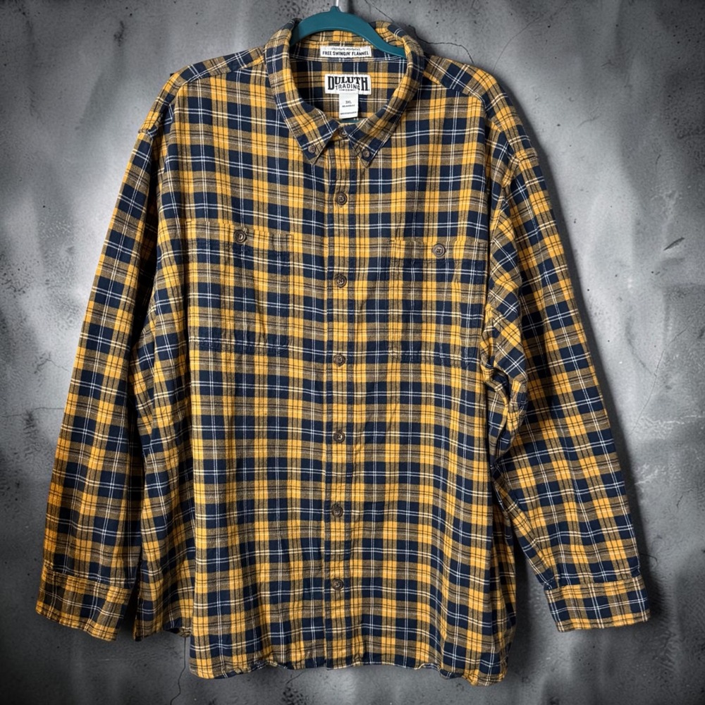 Duluth Trading Co Mens 3XL Relaxed Fit Free Swingin Flannel Shirt Yellow Plaid